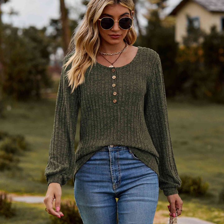 Round Neck Button-Down Long Sleeve Tee