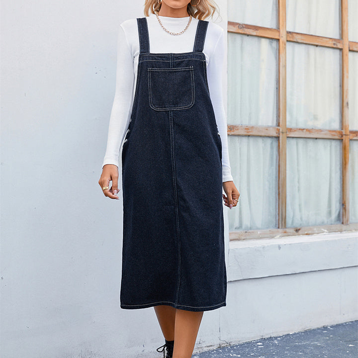 Denim Overall Dress with Pocket