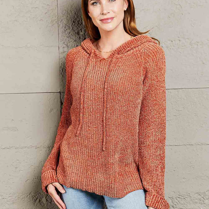 Rib-Knit Drawstring Hooded Sweater