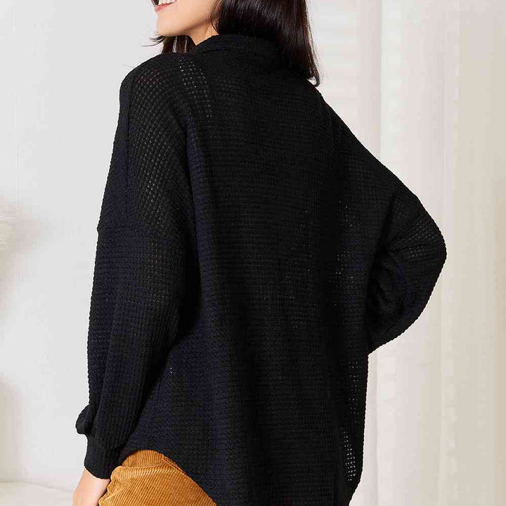 Double Take Waffle-Knit Collared Neck Dropped Shoulder Shirt