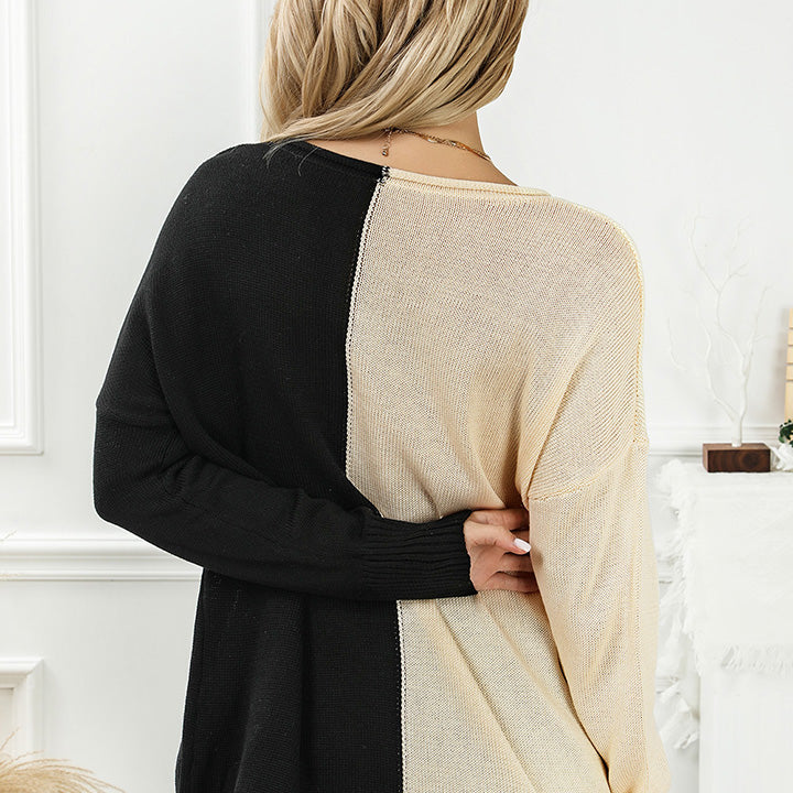 Two-Tone V-Neck Long Sleeve Knit Top
