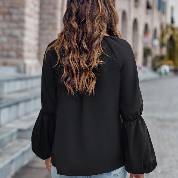Notched Neck Long Sleeve Top