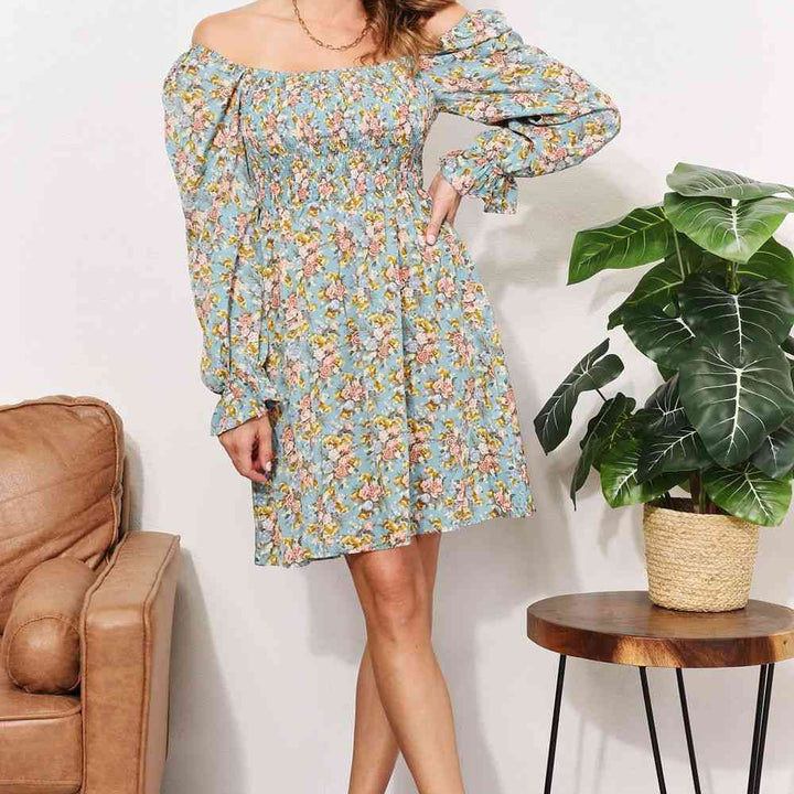 Double Take Floral Smocked Flounce Sleeve Square Neck Dress