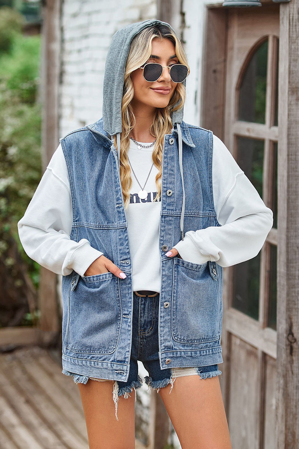 Sleeveless Hooded Denim Jacket with Pockets Drop in Boutique