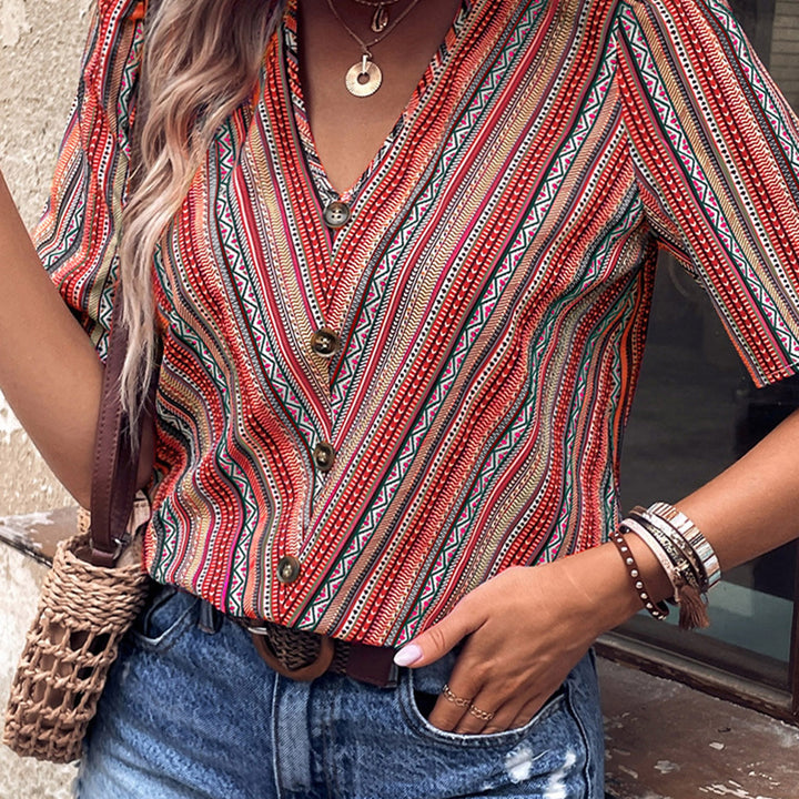 Printed V-Neck Button-Up Short Sleeve Top