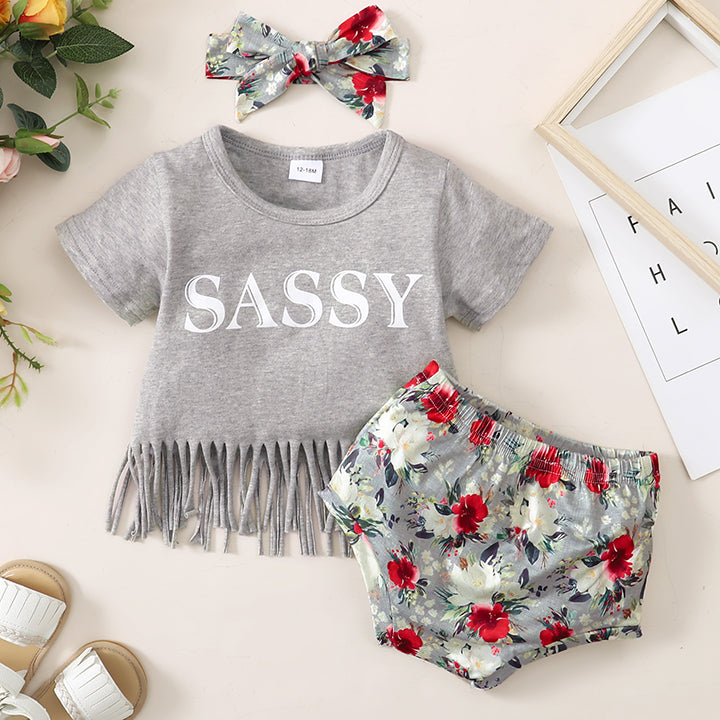 Fringe Detail SASSY Graphic T-Shirt and Floral Print Shorts Set